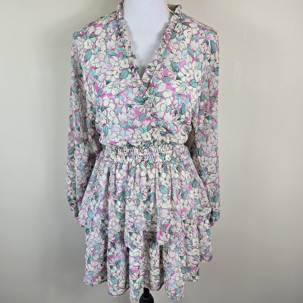 Lavender Brown Womens Dress S Pink Floral Golden Metallic Deep V Neck Mini